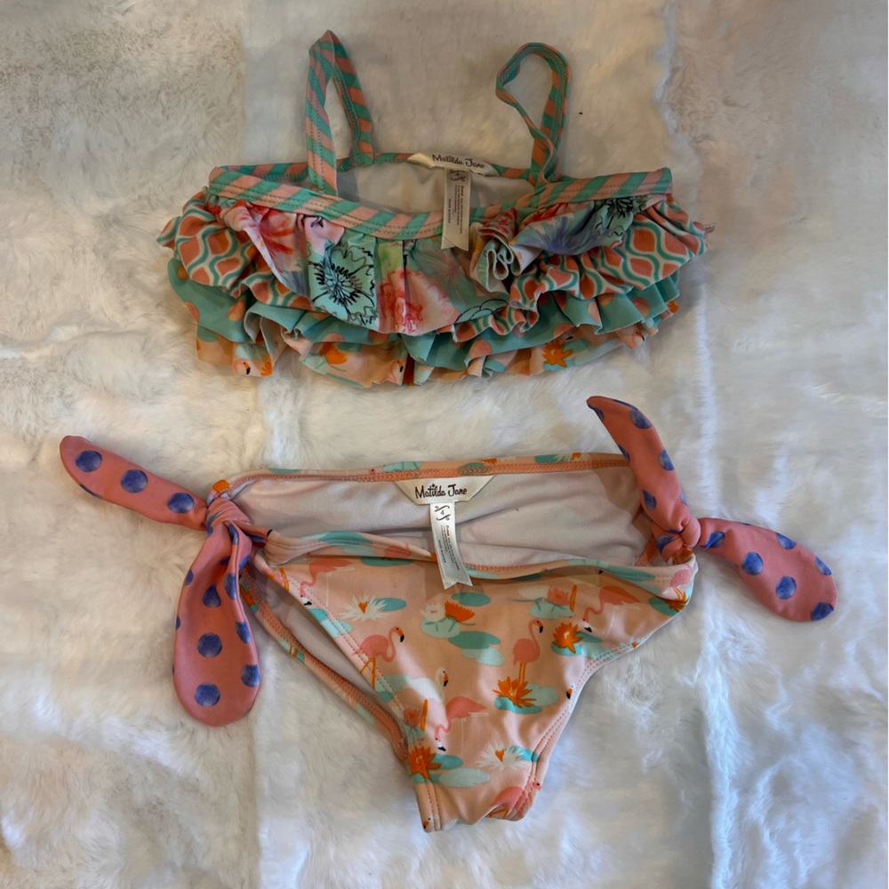 Matilda Jane Girls 4T Swimsuit Set Flamingo Print & Ruffle Top Boutique Swimwear
